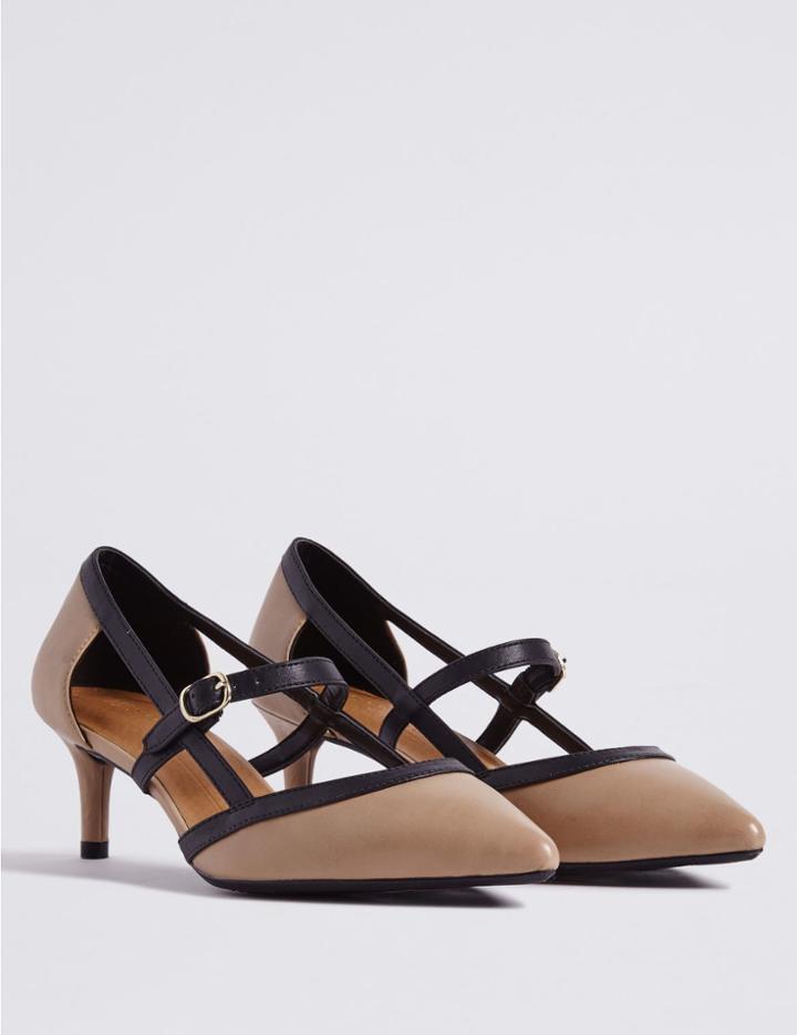 Marks & Spencer Wide Fit Kitten Heel Strap Court Shoes Nude Mix