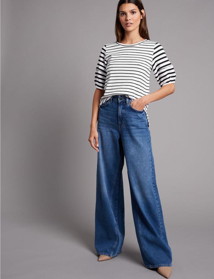 Marks & Spencer Striped Round Neck Half Sleeve Top White Mix