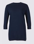 Marks & Spencer Curve Cotton Rich Longline &frac34; Sleeve T-shirt Navy