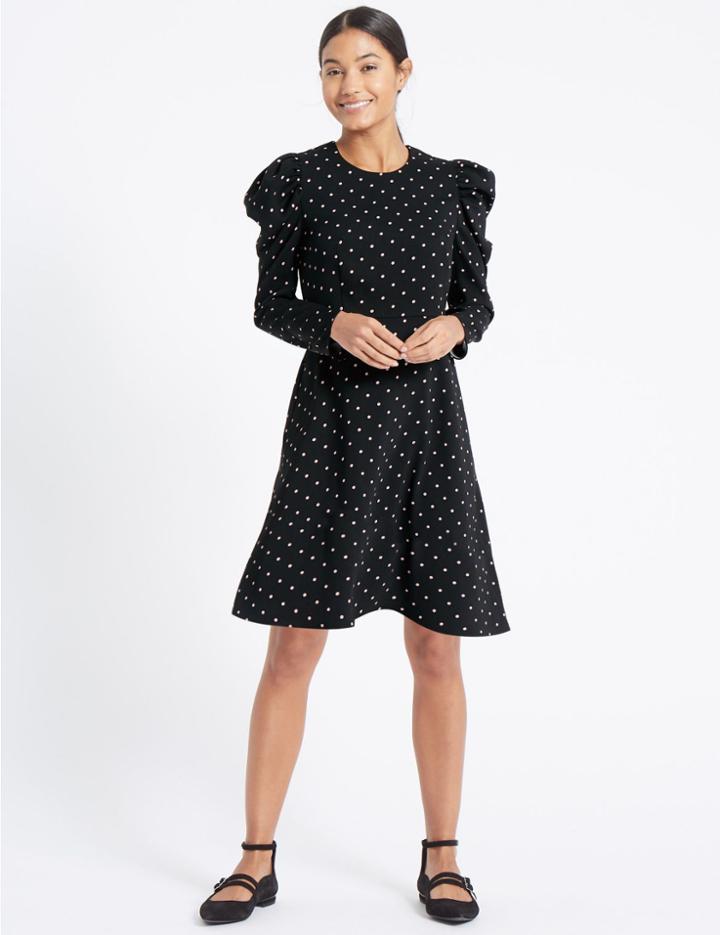 Marks & Spencer Spotted Puff Sleeve Skater Dress Black Mix