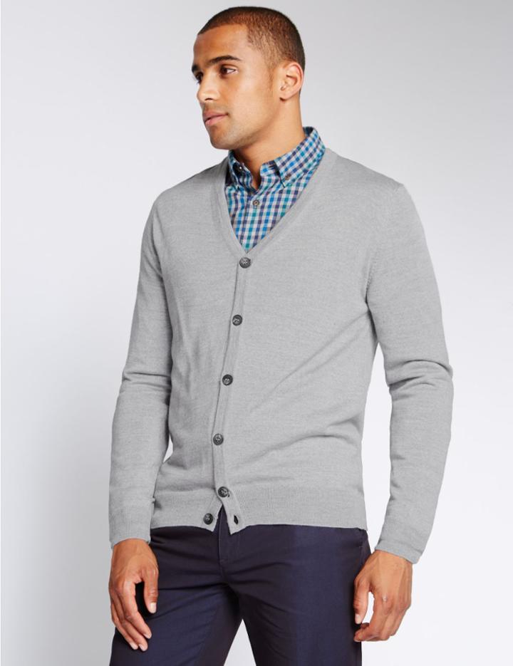 Marks & Spencer Merino Wool Blend Tailored Fit Cardigan Light Grey