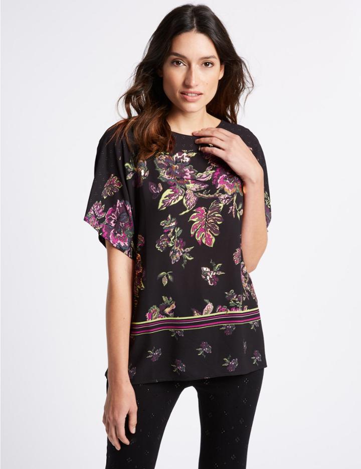 Marks & Spencer Floral Print Slash Neck Half Sleeve T-shirt Pink Mix