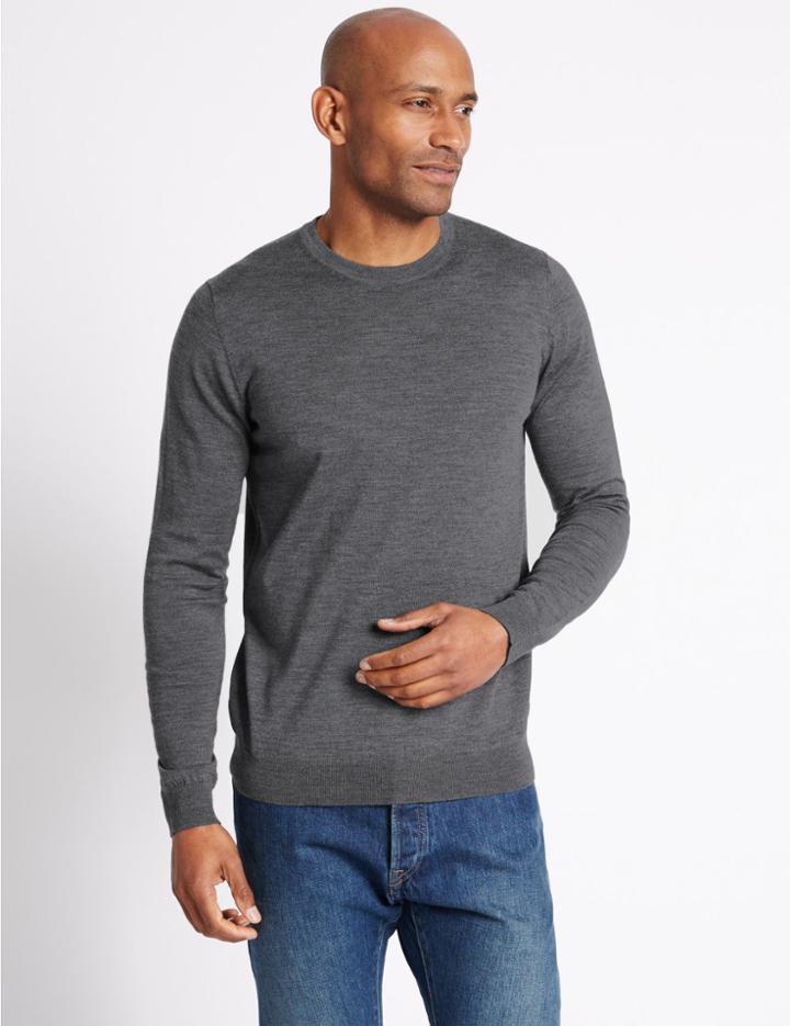 Marks & Spencer Pure Merino Wool Crew Neck Jumper Grey