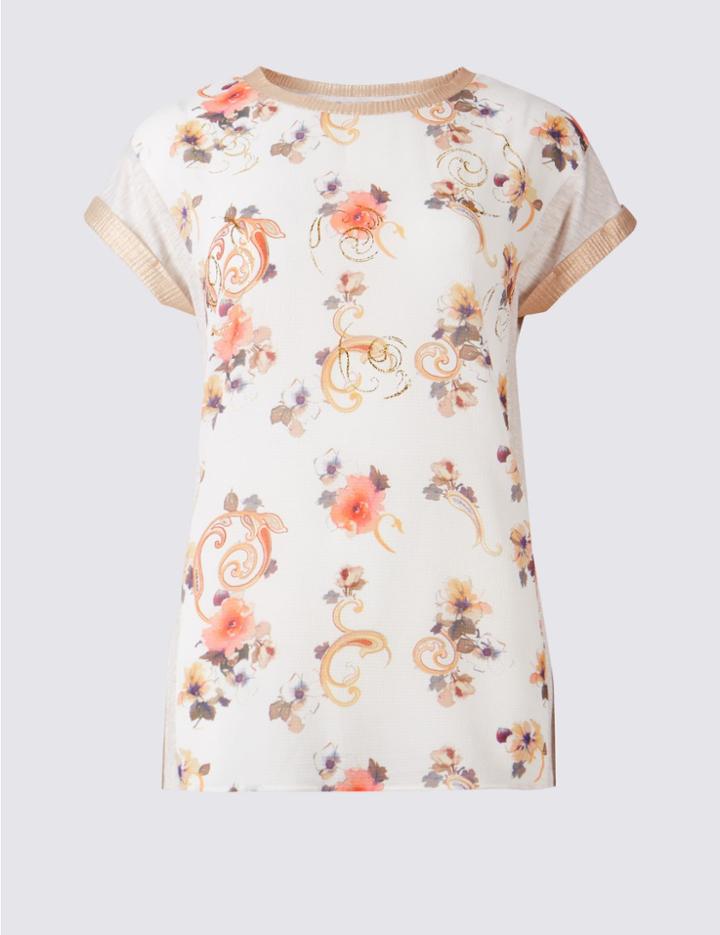 Marks & Spencer Floral Print Contrasting Hem T-shirt Ivory Mix