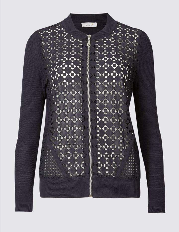 Marks & Spencer Pure Cotton Lace Bomber Round Neck Cardigan Navy Mix