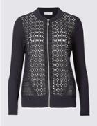 Marks & Spencer Pure Cotton Lace Bomber Round Neck Cardigan Navy Mix
