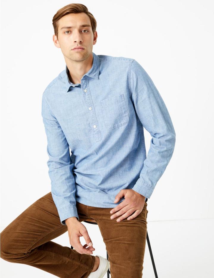 Marks & Spencer Cotton Chambray Denim Shirt Light Chambray