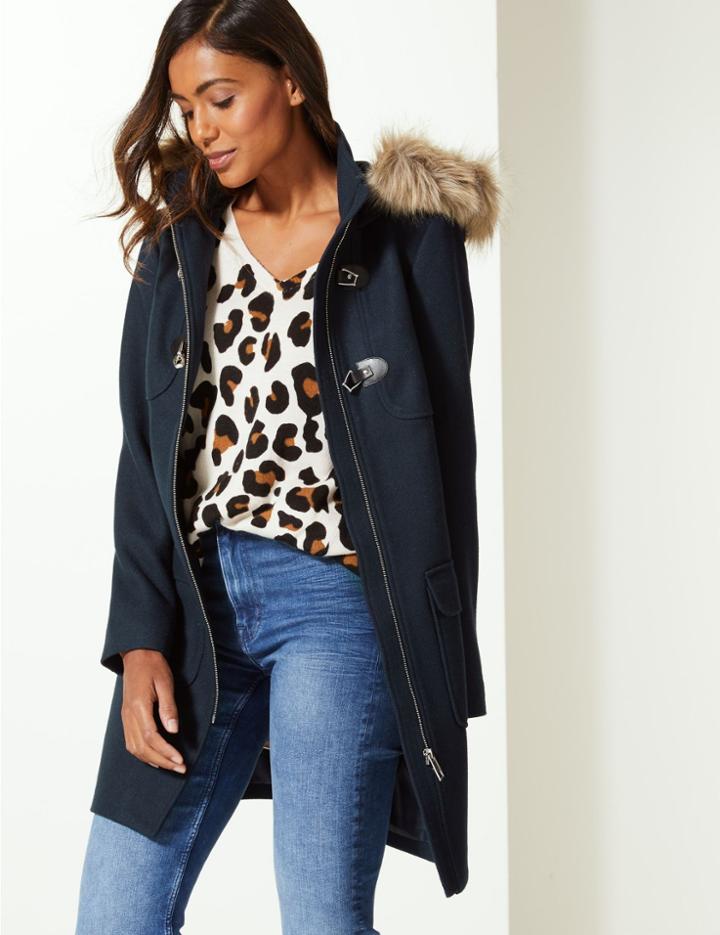 Marks & Spencer Faux Fur Duffle Coat Navy