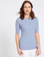 Marks & Spencer Pure Cotton Slash Neck Half Sleeve T-shirt Bluebell