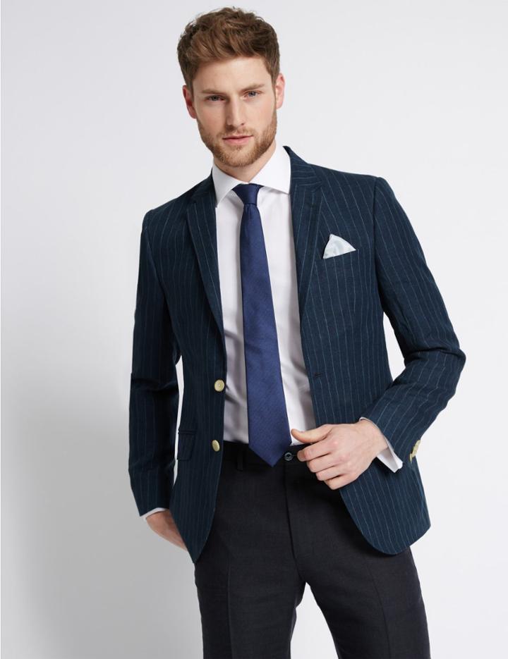 Marks & Spencer Pure Linen 2 Button Jacket Dark Blue