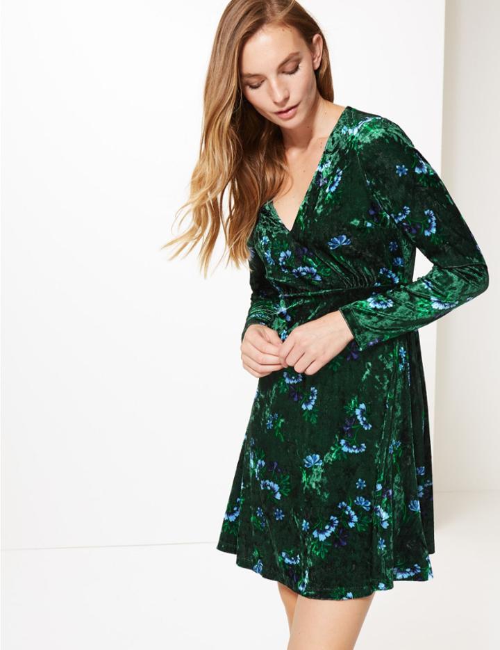 Marks & Spencer Floral Print Velvet Long Sleeve Tea Dress Green Mix