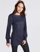 Marks & Spencer Brushed Foil Print Slash Neck Tunic Blue Mix