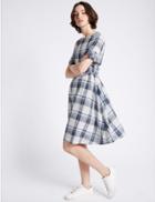 Marks & Spencer Pure Cotton Checked Swing Dress Blue Mix