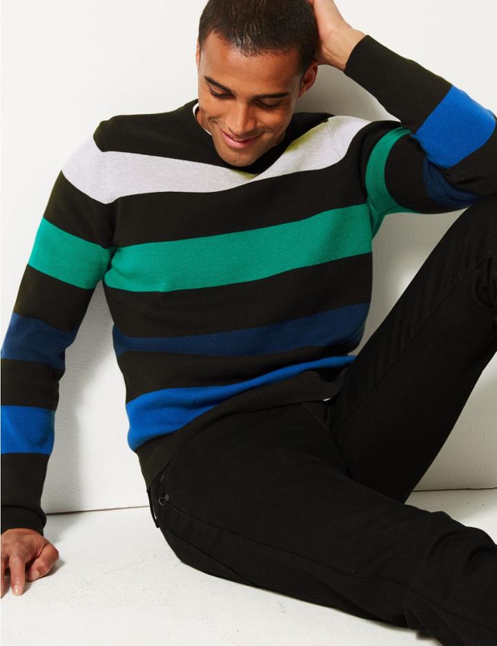 Marks & Spencer Pure Cotton Striped Jumper Green Mix