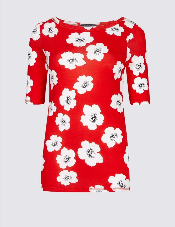 Marks & Spencer Pure Cotton Floral Print T-shirt Red Mix