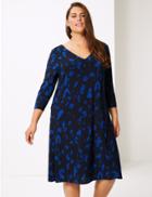 Marks & Spencer Curve Printed 3/4 Sleeve Swing Dress Blue Mix