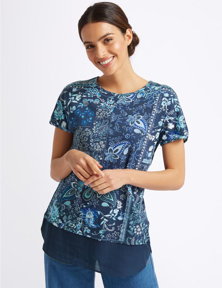 Marks & Spencer Cotton Rich Floral Print Short Sleeve Tunic Ivory Mix