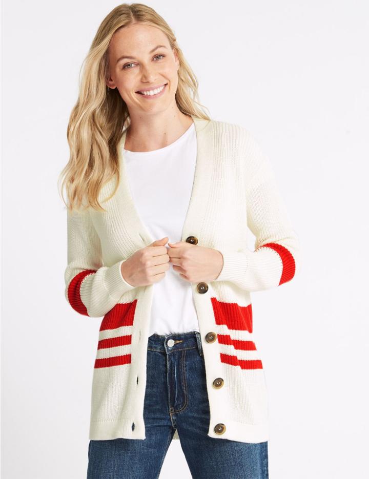Marks & Spencer Cotton Blend Striped Longline Cardigan White Mix