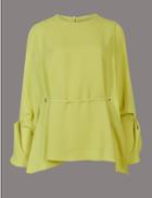 Marks & Spencer Cuff Detail Round Neck Long Sleeve Blouse Winter Lime