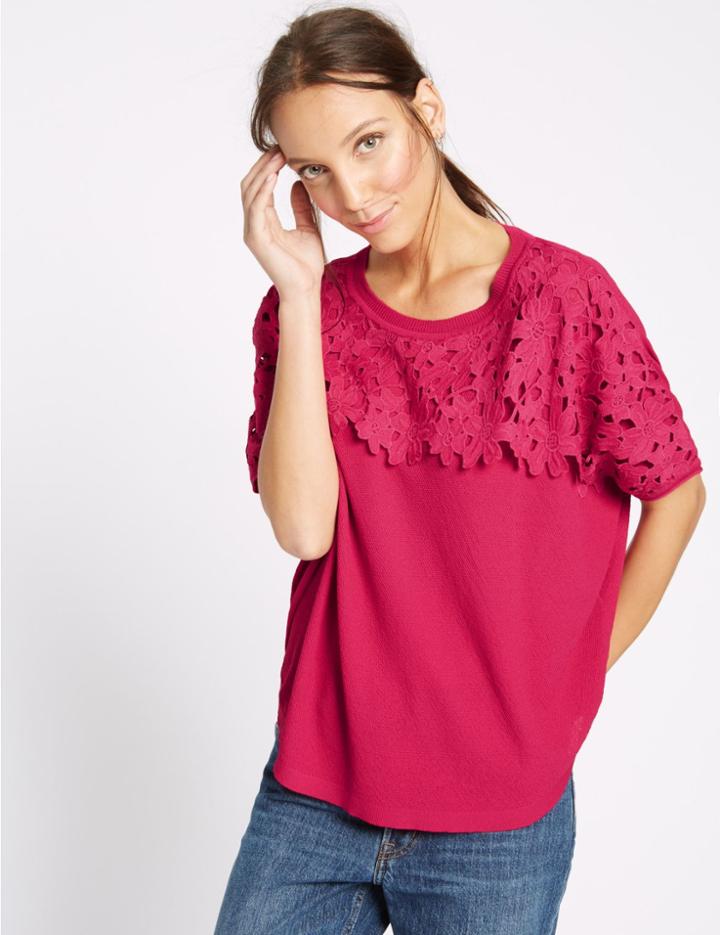 Marks & Spencer Lace Round Neck Short Sleeve Jumper Pink