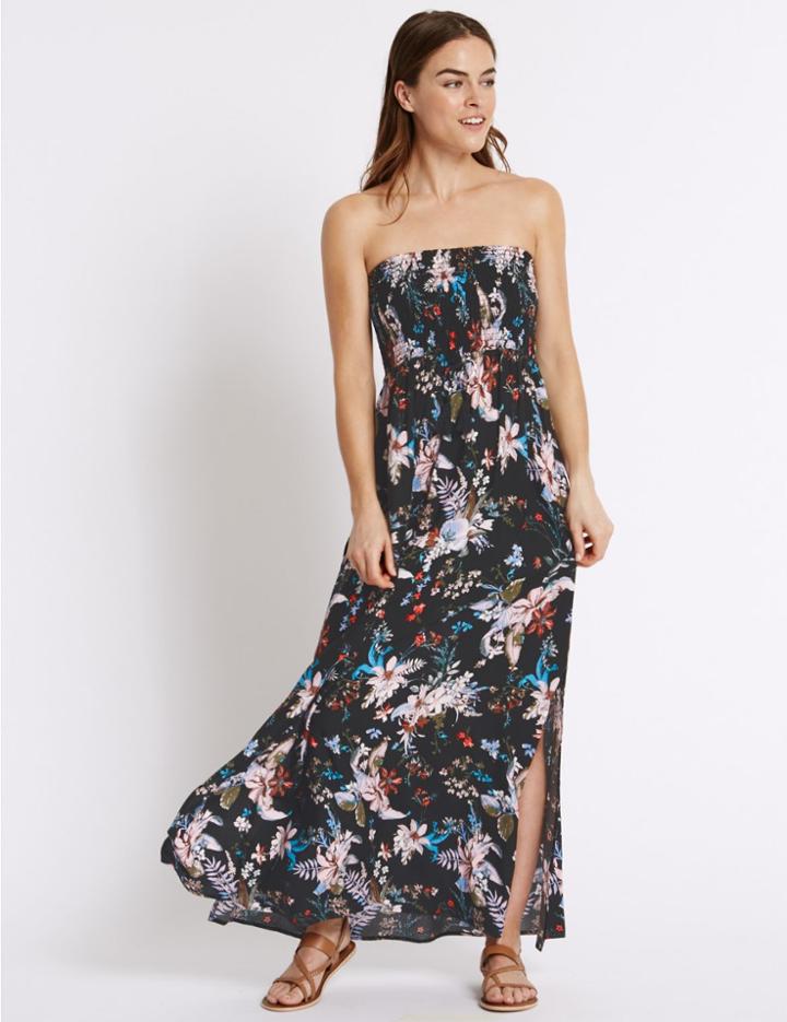 Marks & Spencer Floral Print Shirred Maxi Dress Black Mix