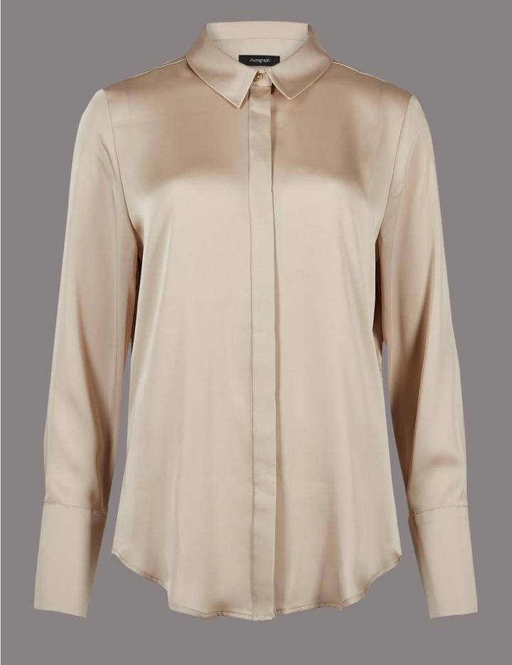 Marks & Spencer Satin Long Sleeve Shirt Ecru