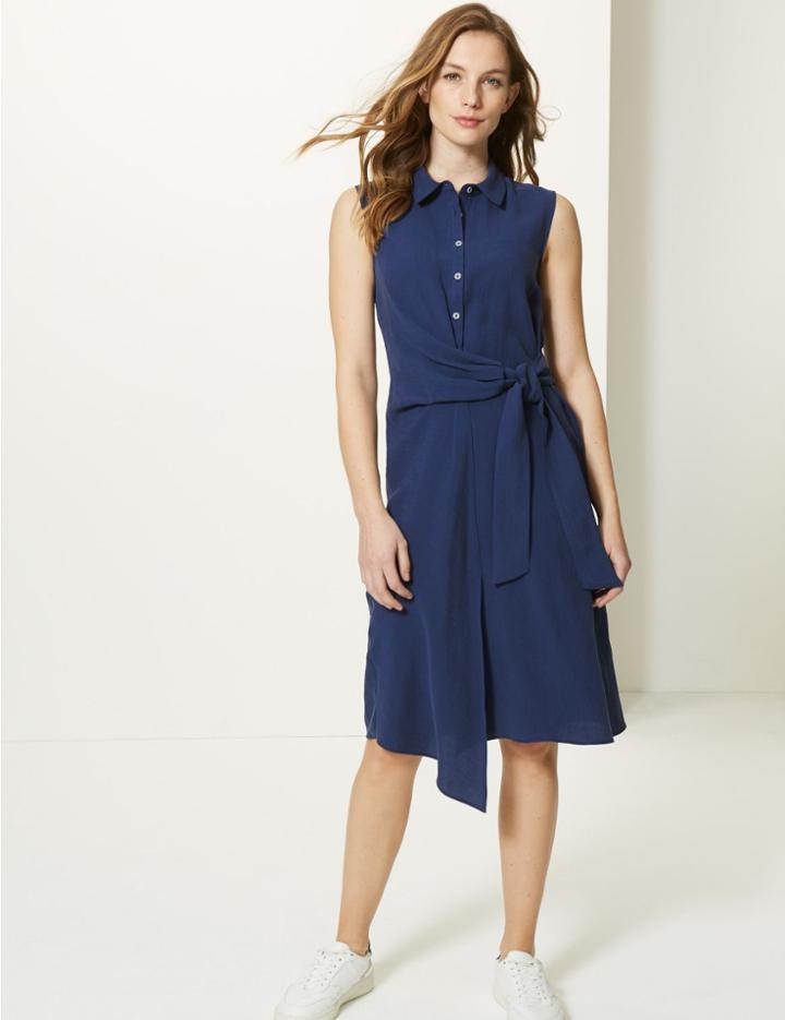 Marks & Spencer Button Detailed Shirt Midi Dress Navy