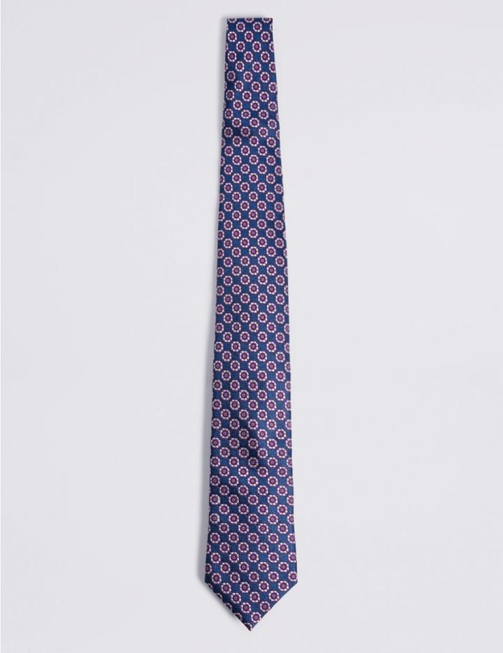 Marks & Spencer Pure Silk Floral Print Tie Blue