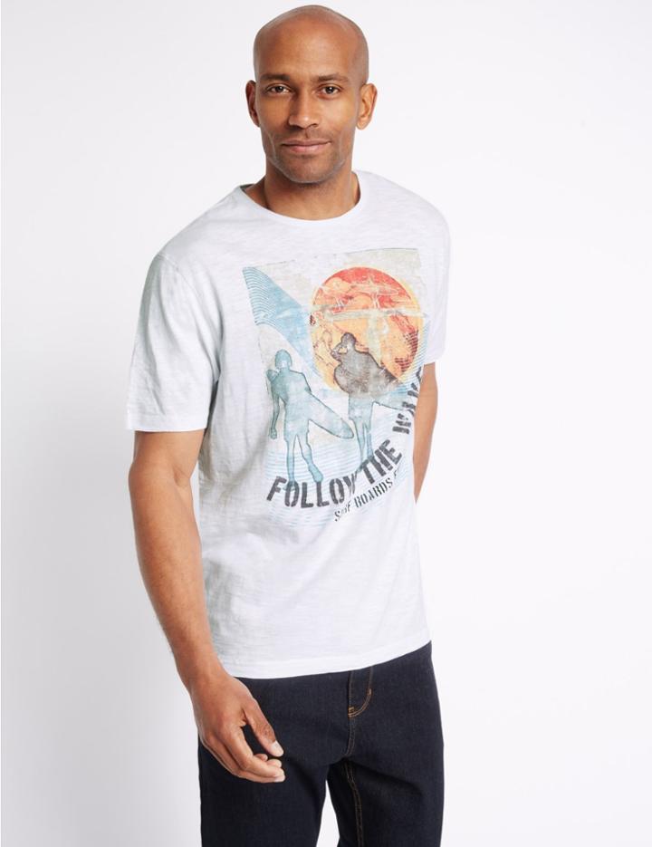 Marks & Spencer Pure Cotton Printed Crew Neck T-shirt White