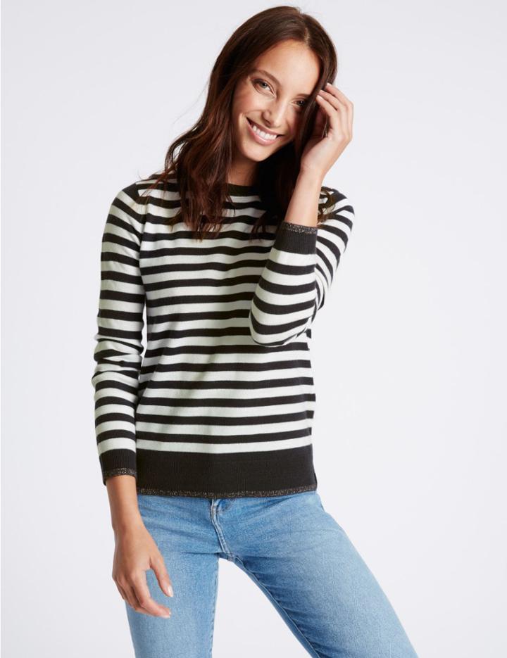 Marks & Spencer Striped Round Neck Long Sleeve Jumper Navy Mix