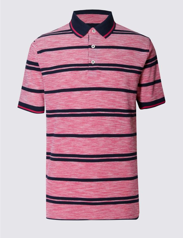 Marks & Spencer Pure Cotton Striped Polo Shirt Pink Mix