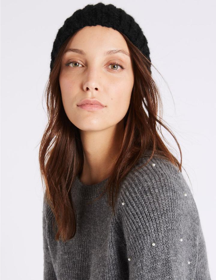 Marks & Spencer Textured Beanie Winter Hat Black