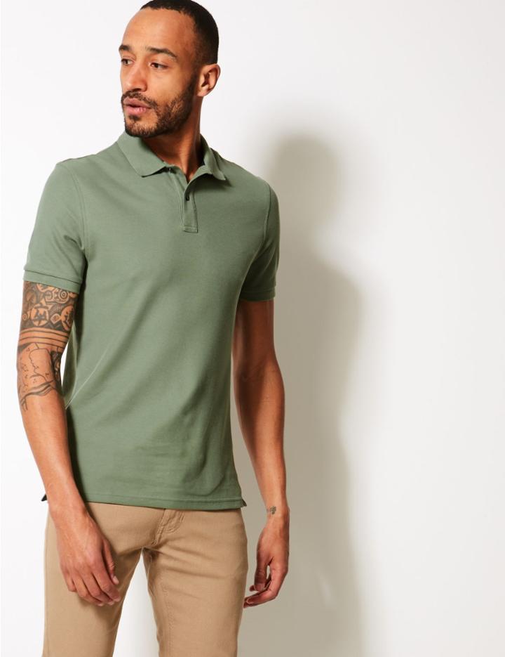 Marks & Spencer Slim Fit Pure Cotton Polo Shirt Sage