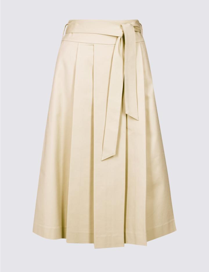 Marks & Spencer Cotton Rich Belted Full Midi Skirt Camel