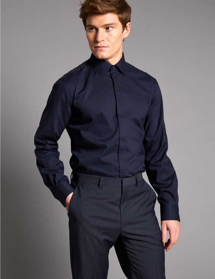 Marks & Spencer Supima&reg; Cotton Rich Tailored Fit Shirt Dark Navy