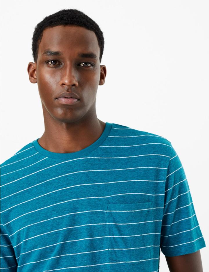 Marks & Spencer Linen Blend Striped T-shirt Teal Green