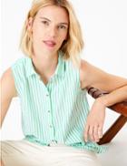 Marks & Spencer Pure Cotton Striped Sleeveless Shirt Green Mix