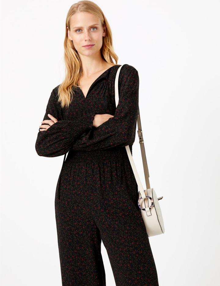 Marks & Spencer Ditsy Print Tie Neck Waisted Jumpsuit Black Mix