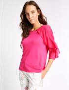 Marks & Spencer Modal Rich Ruffle Sleeve Jersey Top Bright Pink