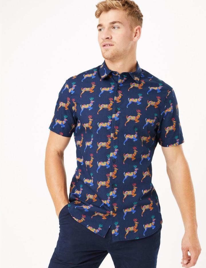 Marks & Spencer Pure Cotton Reindeer Print Shirt Navy Mix