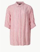 Marks & Spencer Curve Pure Linen Striped Long Sleeve Shirt Red Mix