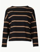 Marks & Spencer Pure Cotton Striped Slash Neck Sweatshirt Black Mix