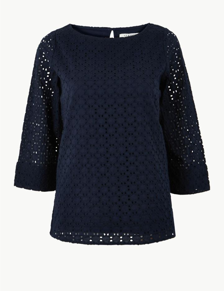 Marks & Spencer Pure Cotton Lace 3/4 Sleeve Blouse Navy