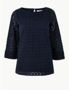 Marks & Spencer Pure Cotton Lace 3/4 Sleeve Blouse Navy