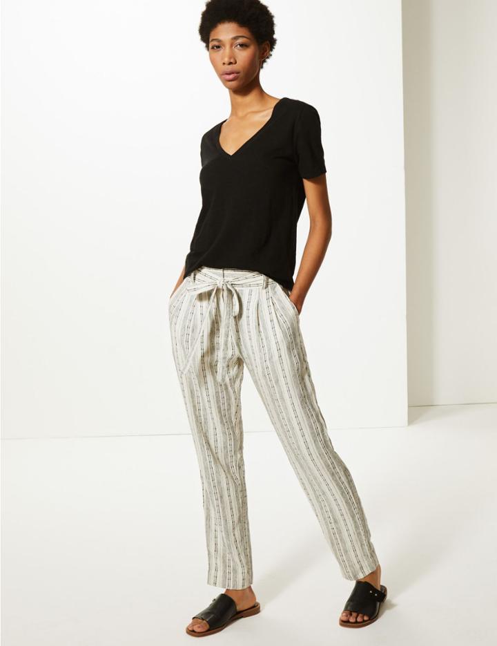Marks & Spencer Linen Blend Striped Straight Leg Trousers Ivory Mix