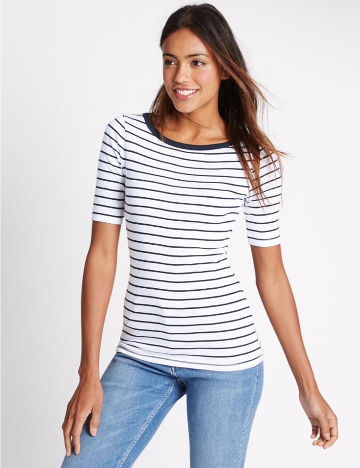 Marks & Spencer Pure Cotton Striped Half Sleeve T-shirt White Mix