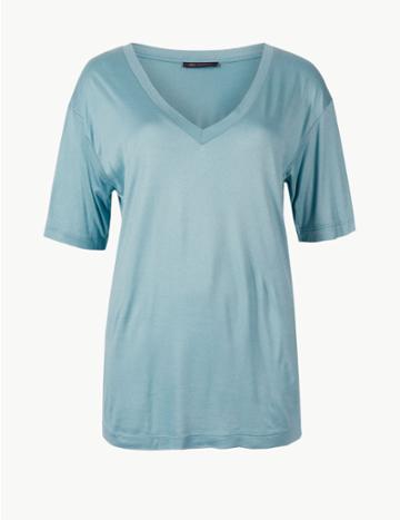 Marks & Spencer Mercerised V-neck Short Sleeve T-shirt Blue/green