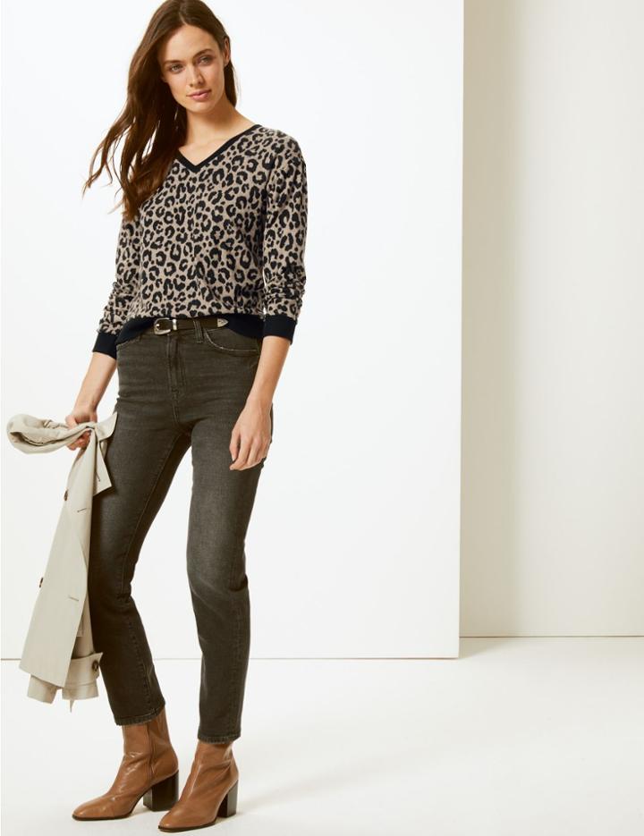 Marks & Spencer Animal Print V-neck Long Sleeve Sweatshirt Brown Mix