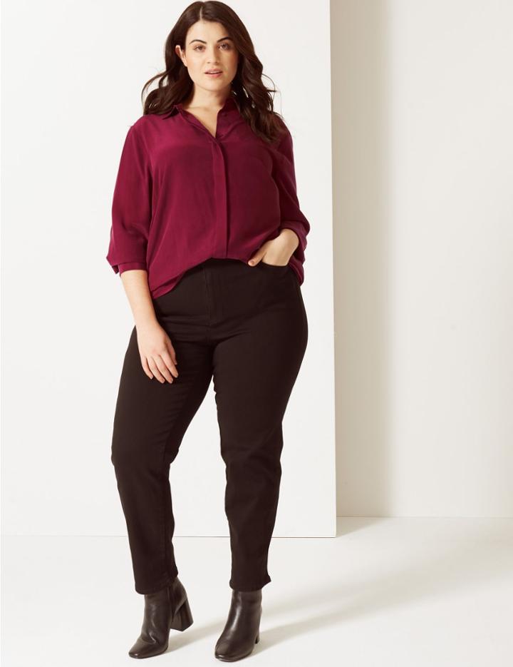 Marks & Spencer Curve Pure Silk Long Sleeve Shirt Claret