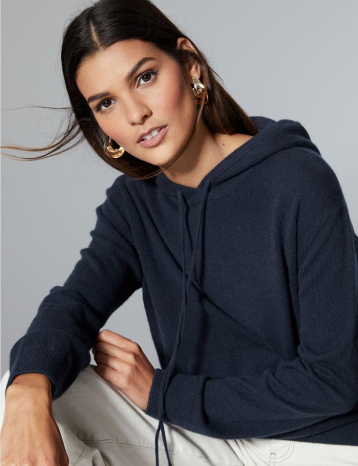 Marks & Spencer Pure Cashmere Hooded Jumper Medium Navy